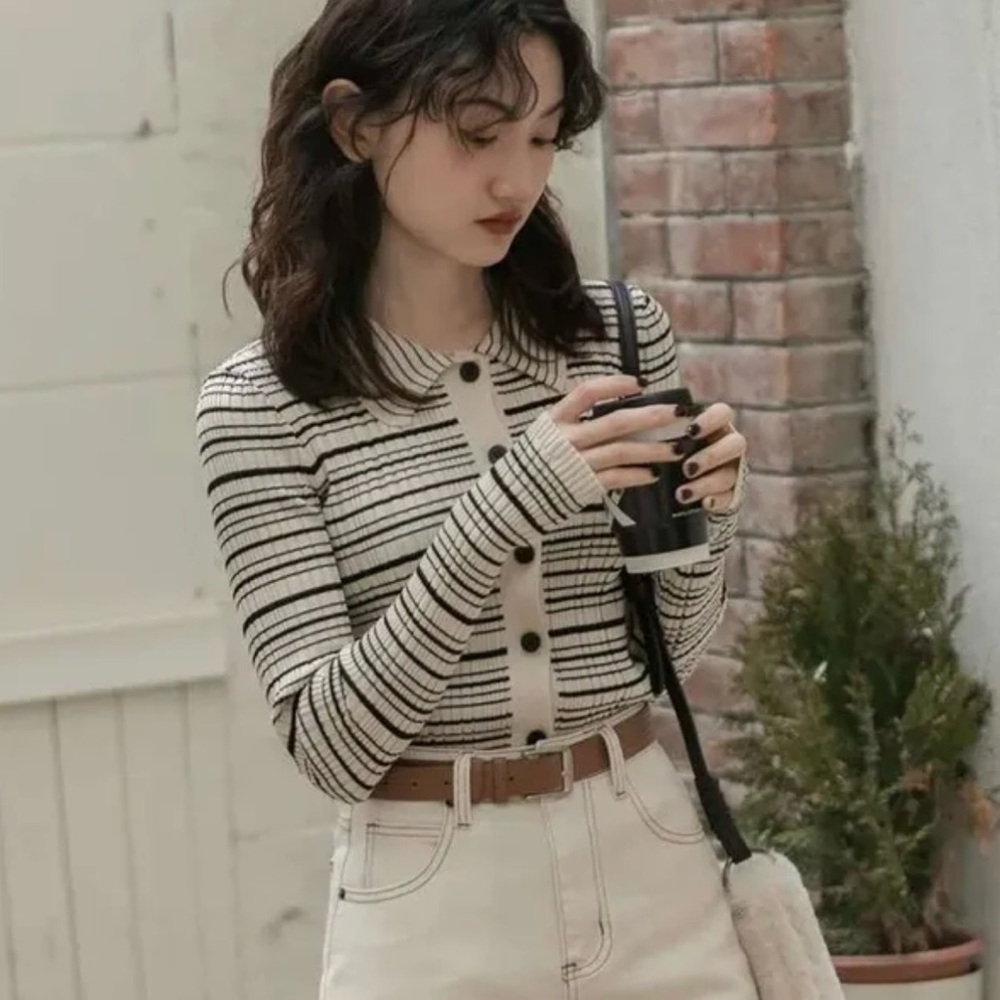 Commense Striped Button-Up Cardigan